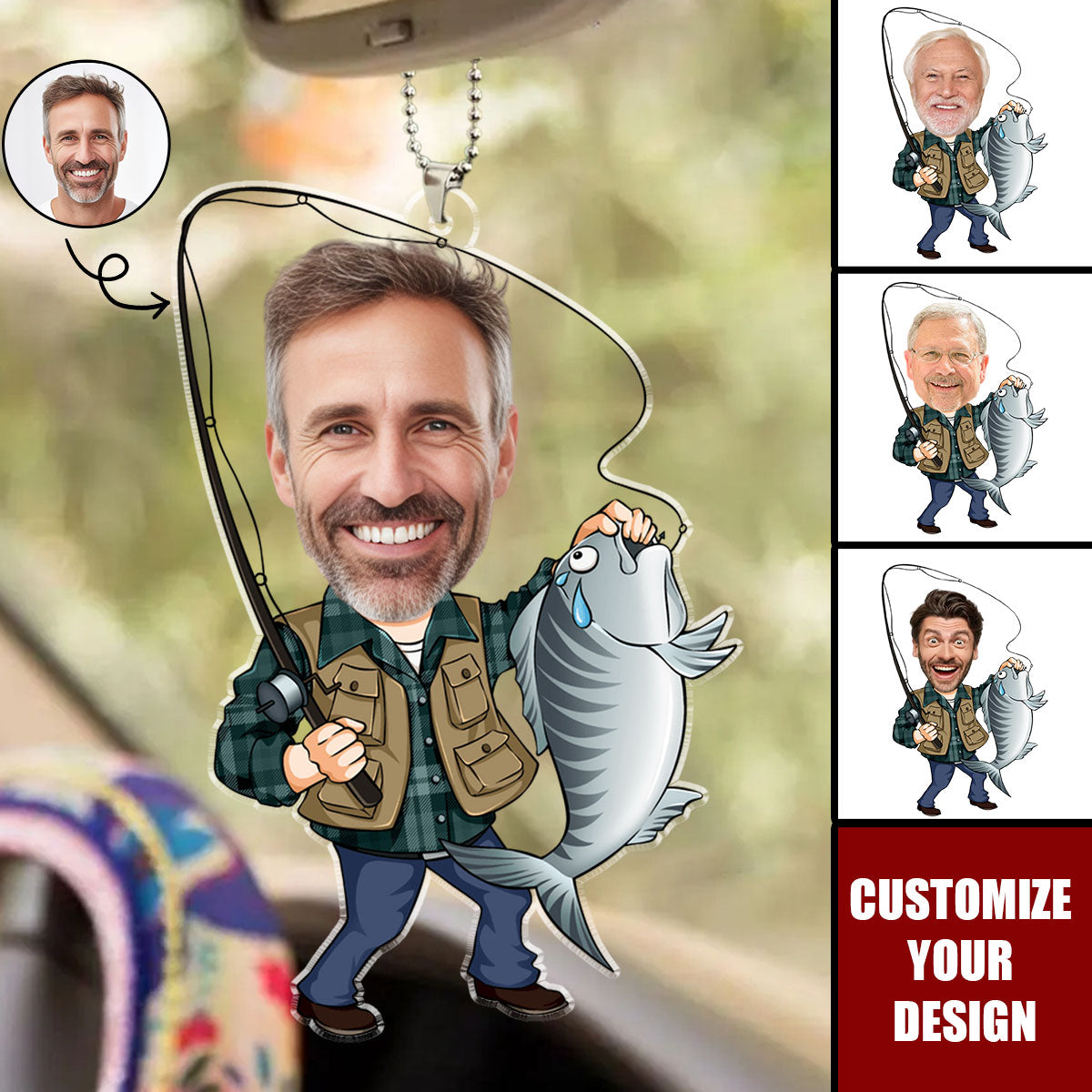 Custom Photo Fisherman Cartoon - Personalized Car Ornament