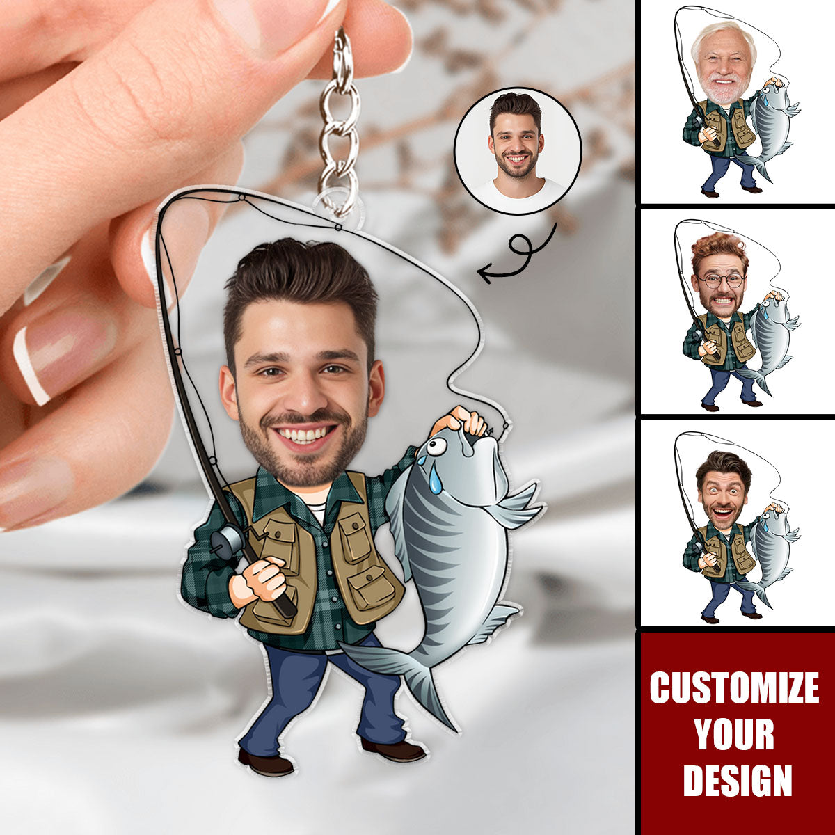 Custom Photo Fisherman Cartoon - Personalized Acrylic Keychain