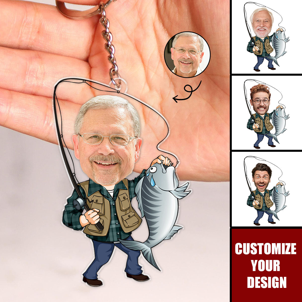 Custom Photo Fisherman Cartoon - Personalized Acrylic Keychain