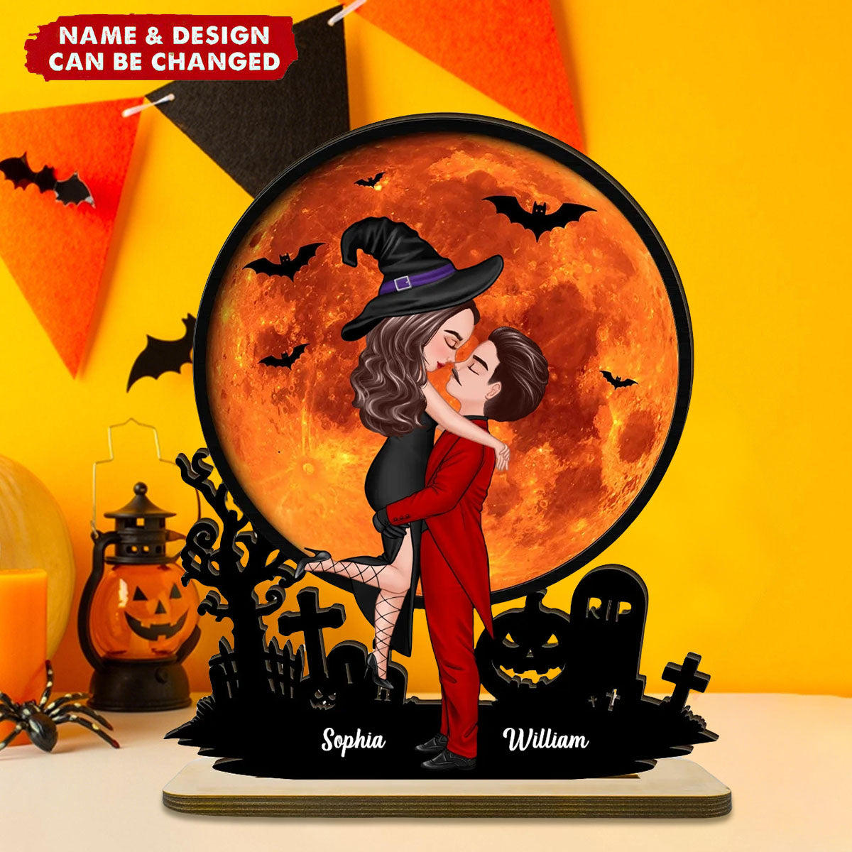 Couple Hugging Under Halloween Moon Personalized 2-Layer Wooden Plaque