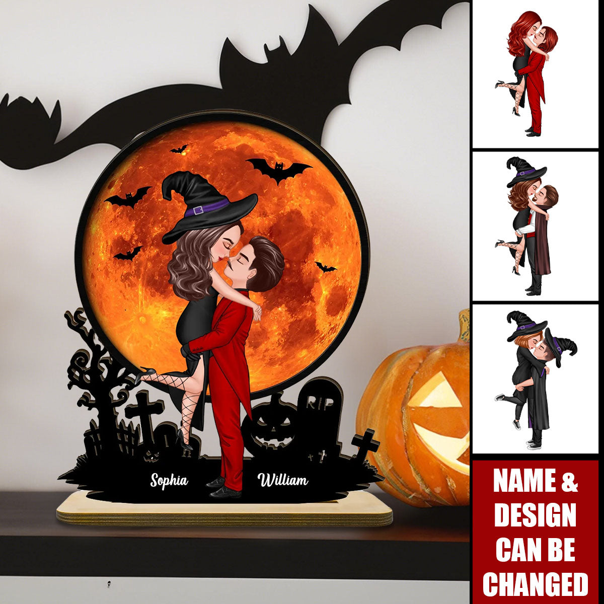 Couple Hugging Under Halloween Moon Personalized 2-Layer Wooden Plaque