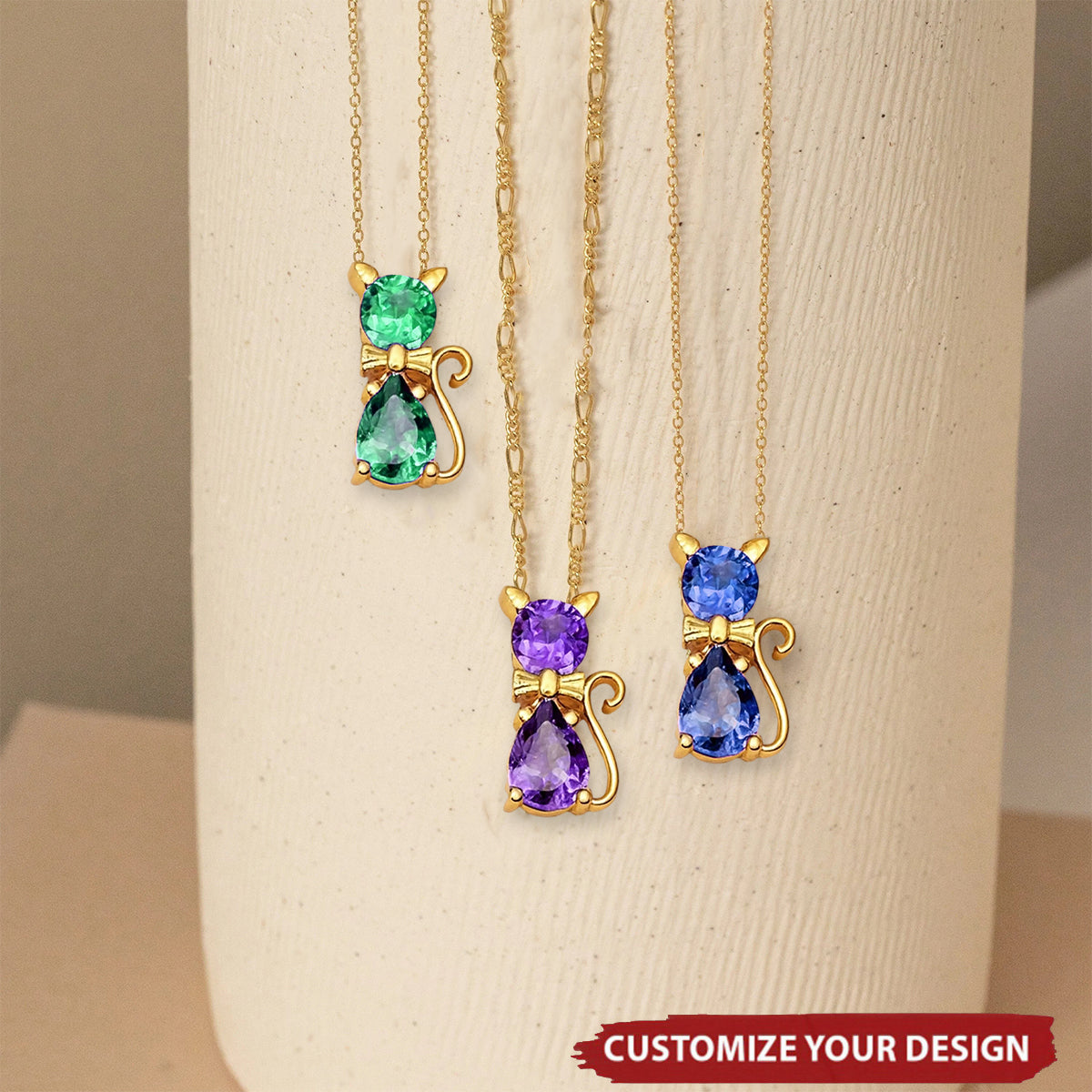 Custom Cat Bow Birthstone Necklace - Personalized Gifts For Cat Lovers
