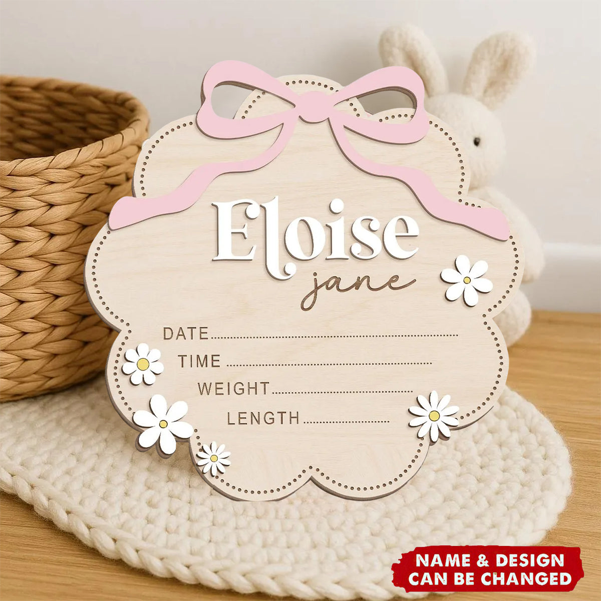 Personalized Birth Announcement Sign - Pink Bow Baby Name Sign