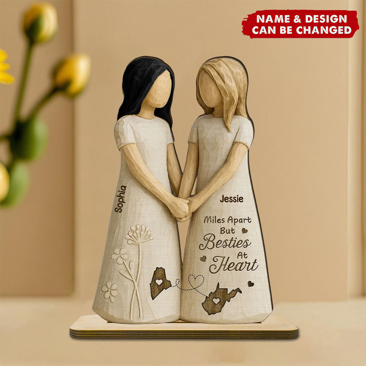 Miles Apart Besties At Heart Personalized Standing Wooden Plaque