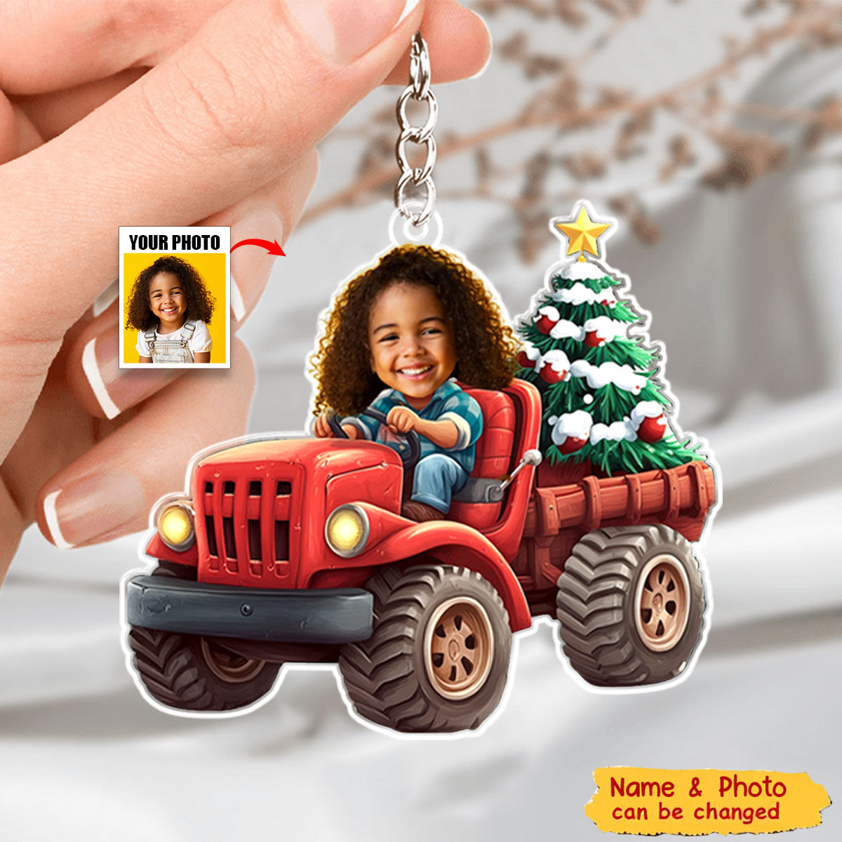 Kids Riding Red Truck With Christmas Tree - Personalized Acrylic Keychain