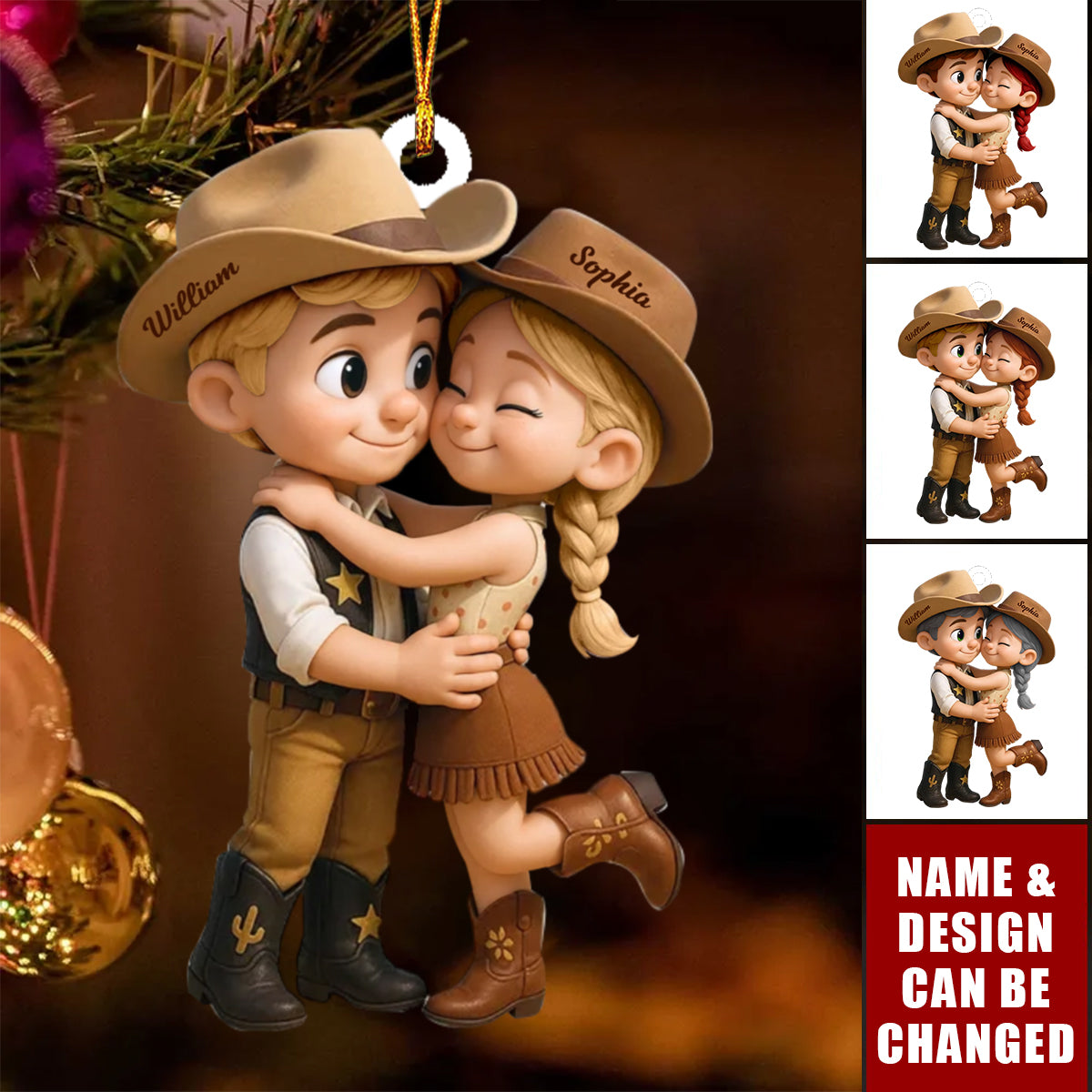 Cartoon Style Countryside Couple Cowboy Cowgirl Accessories Personalized Christmas Ornament