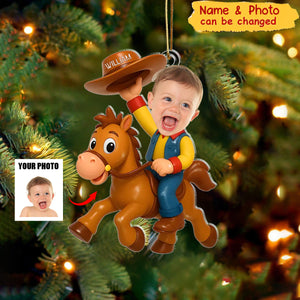 Personalized Christmas Photo Acrylic Ornament - Little Cowboy Adventure Time