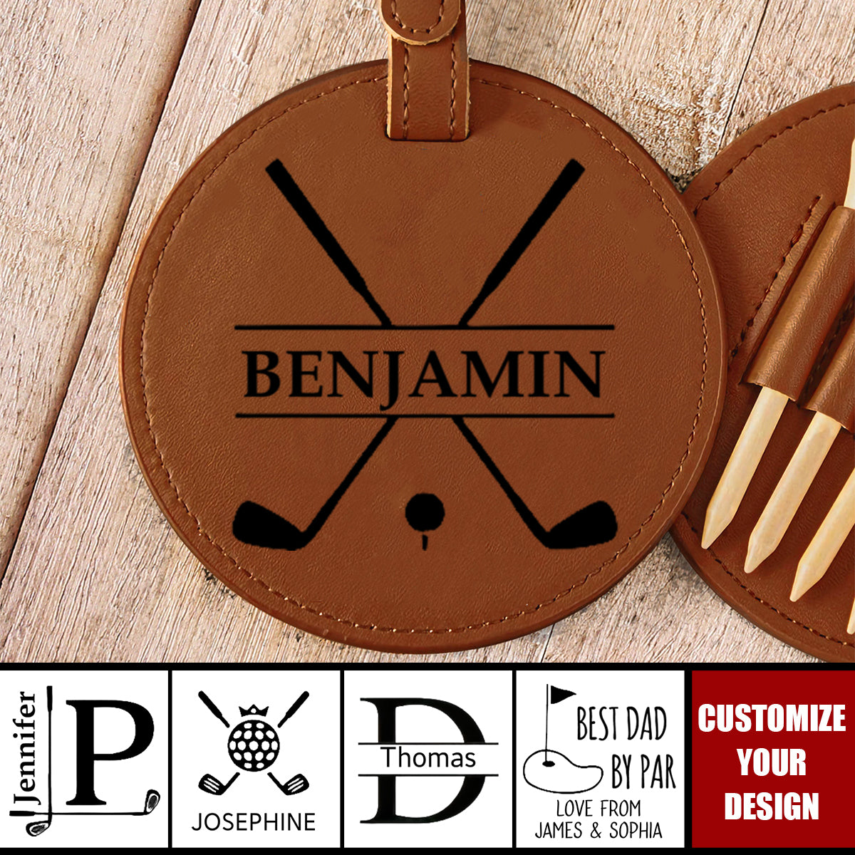 Engraved Leather Golf Tee Holder - Personalized Golf Bag Tag, Golf Gift For Men