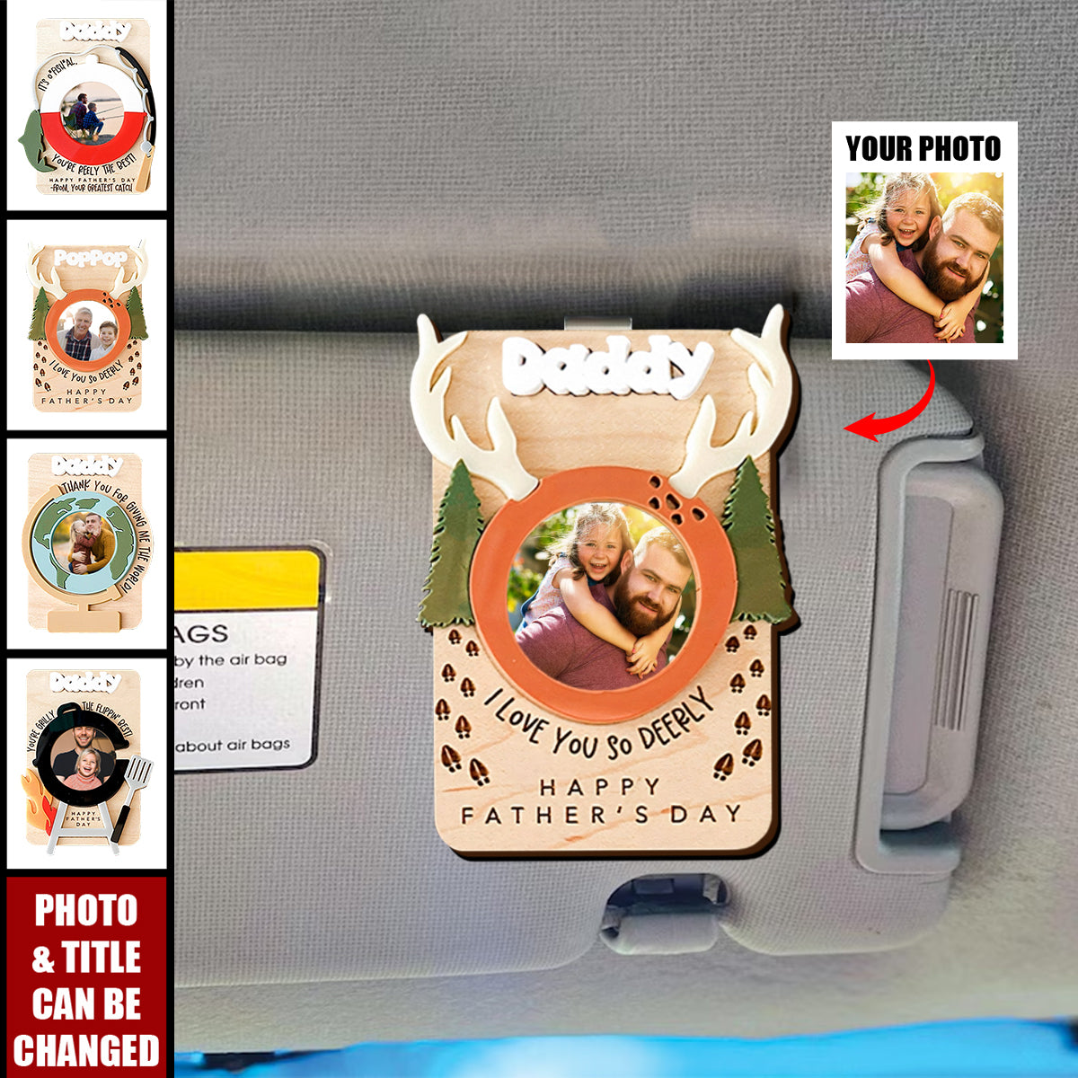 Custom Kids Photo Personalized Car Visor Clip, Father's Day Gift For Dad Grandpa
