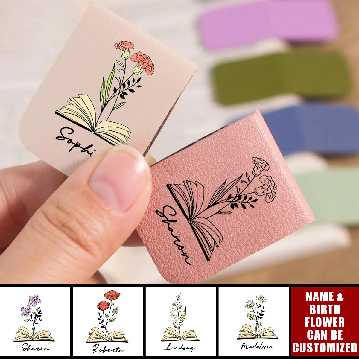 Name Bookmark With Birth Flower - Personalized Leather Magnetic Bookmark, Gift For Book Lovers