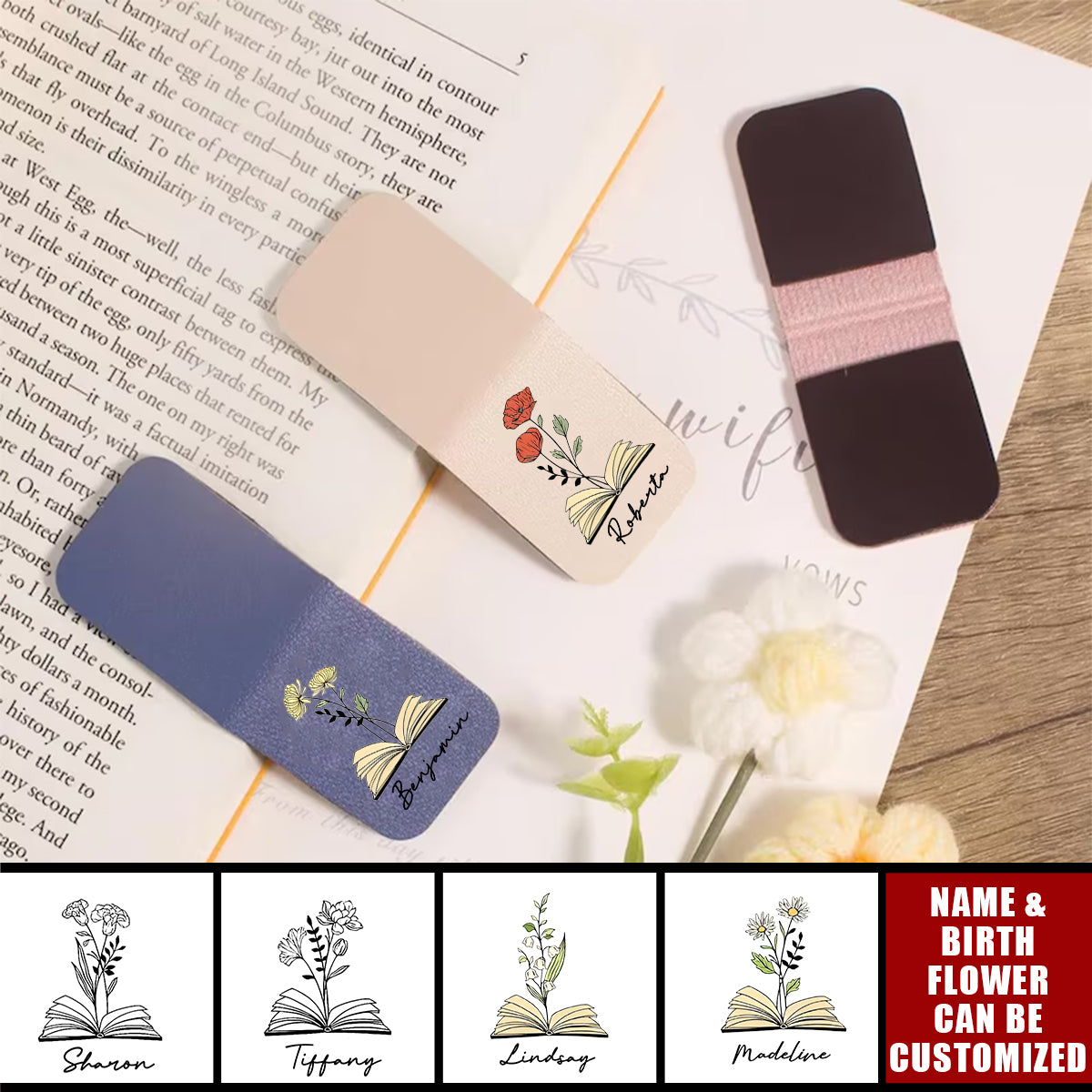 Name Bookmark With Birth Flower - Personalized Leather Magnetic Bookmark, Gift For Book Lovers