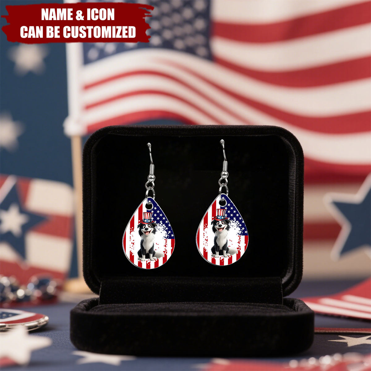 American Flag Dog Lovers - Personalized Acrylic Earrings
