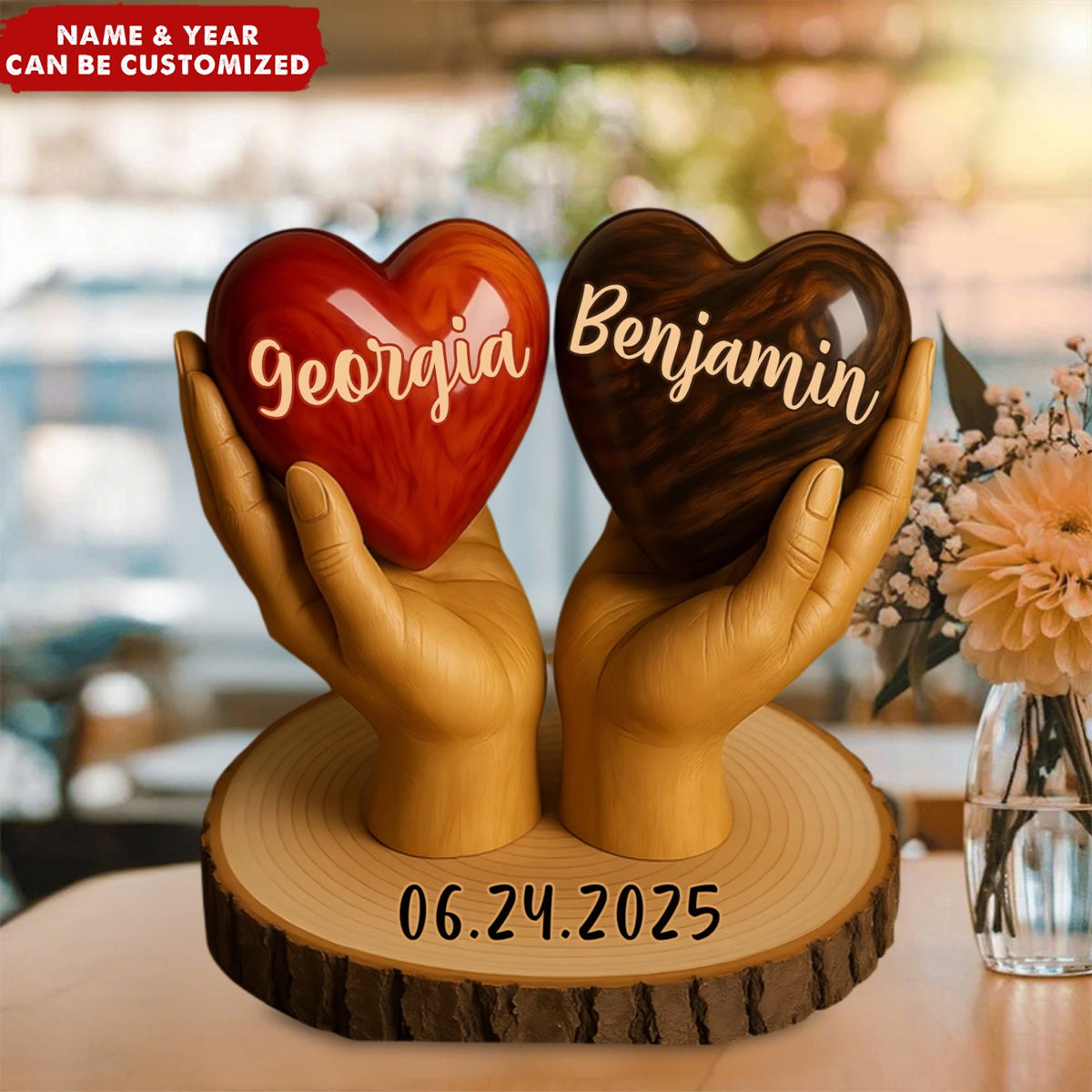 Two Hearts One Love - Personalized Couple Custom Shaped Wood Plaque