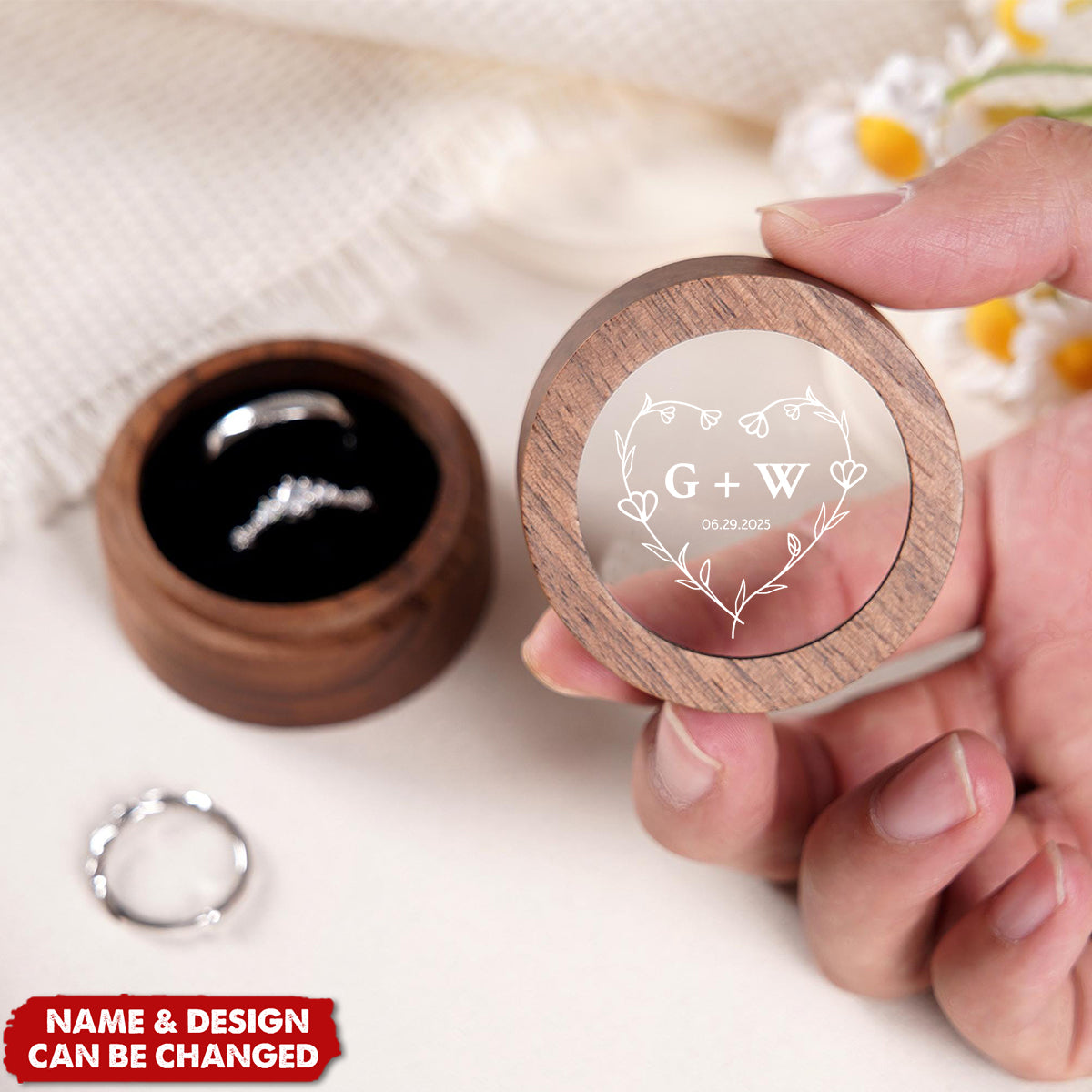 Personalized Wooden Wedding Ceremony Round Ring Box With Clear Acrylic Cover