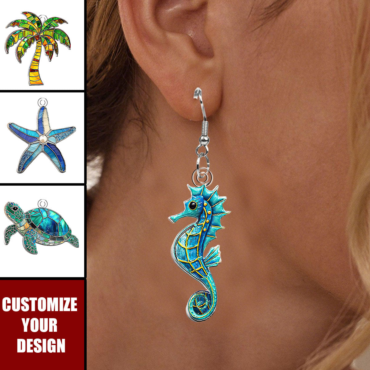 Turtle Seashell Mermaid Beach Stained Glass Effect - Personalized Acrylic Earrings