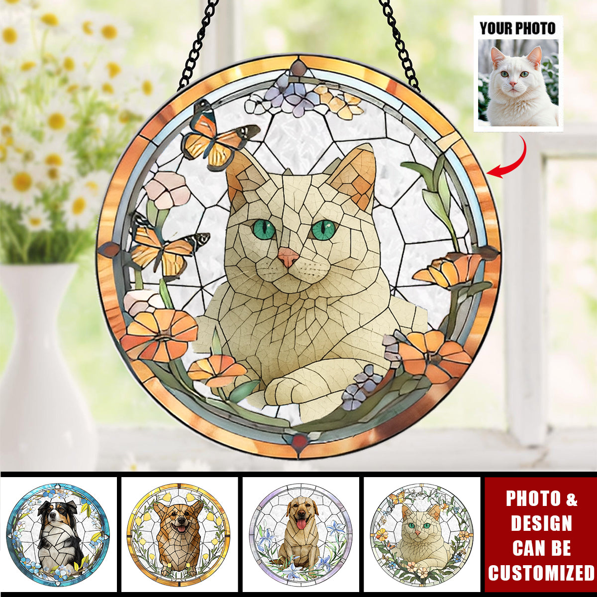 Custom Pet Portrait From Photo - Personalized Stained Glass Window Hanging Suncatcher