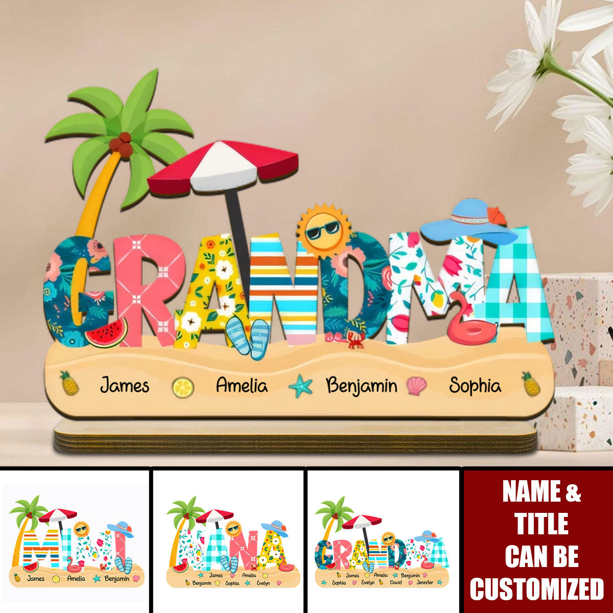 Summer Grandma Mom Pattern Personalized 2-Layer Standing Wooden Plaque