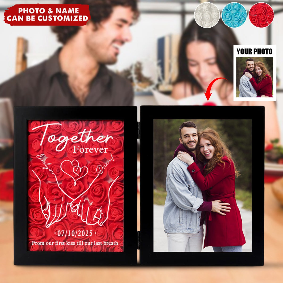Custom Photo Together Forever - Couple Personalized Double Frame Flower Shadow Box