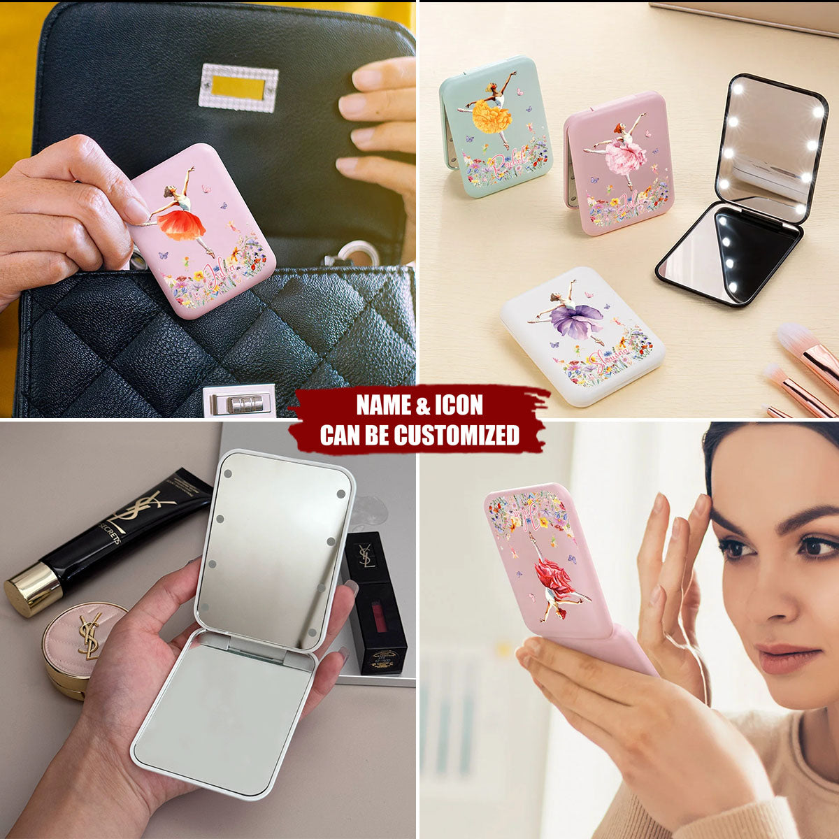 Watercolor Ballet Girl Birth Flower - Personalized LED Double-Sided Compact Makeup Mirror