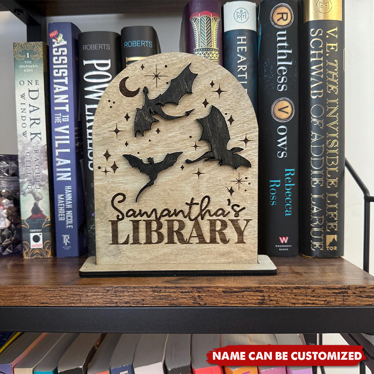 Dragon Library Sign Bookshelf Decor - Personalized Standing Wooden Plaque