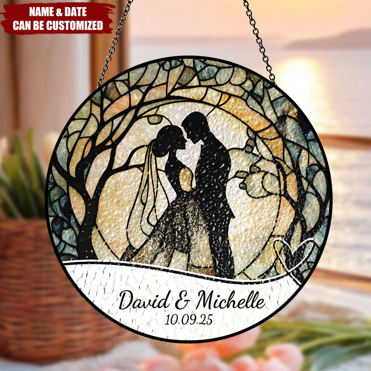 Bride And Groom Personalized Wedding Stained Glass Suncatcher Ornament