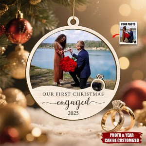 Custom Photo Our First Christmas Engaged - Personalized Engagement Wooden Ornament