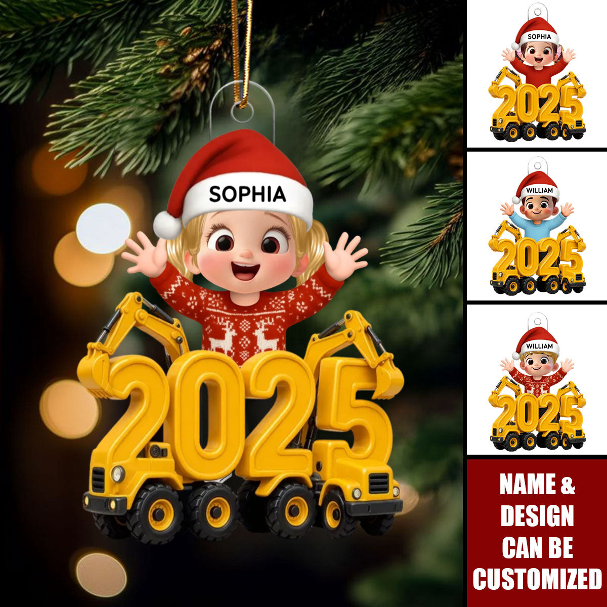 3D Effect Happy Kid With Excavator Numbers - Personalized Acrylic Ornament, Christmas Gift For Kids, Grandkids