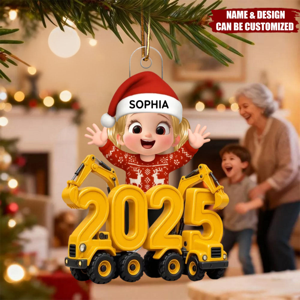 3D Effect Happy Kid With Excavator Numbers - Personalized Acrylic Ornament, Christmas Gift For Kids, Grandkids