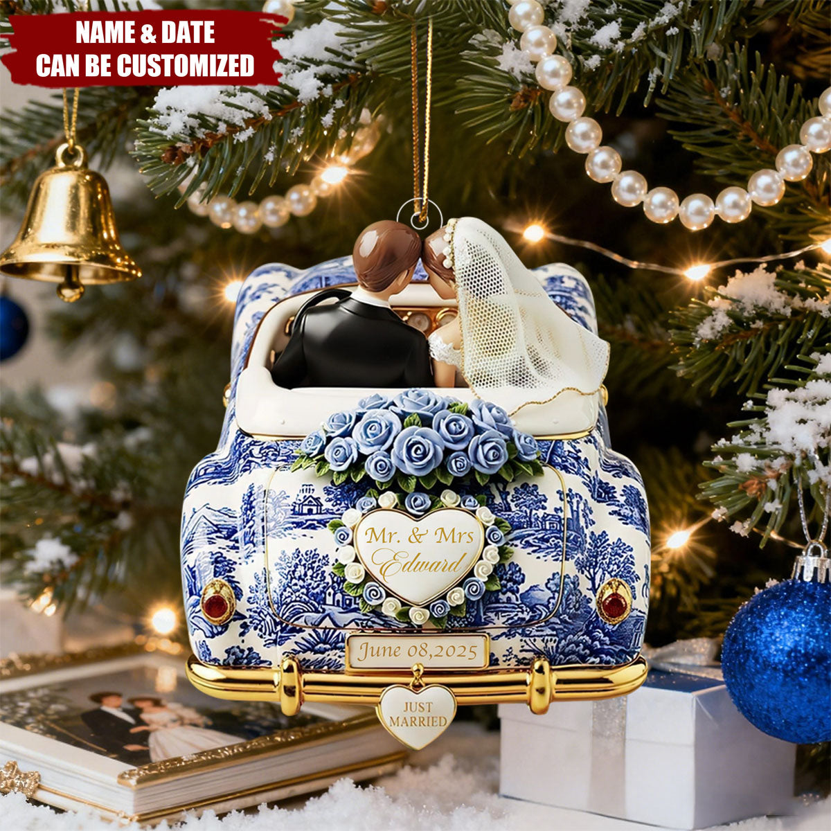 Just Married Toile de Jouy - Personalized Acrylic Ornament, Wedding Gifts For Couple