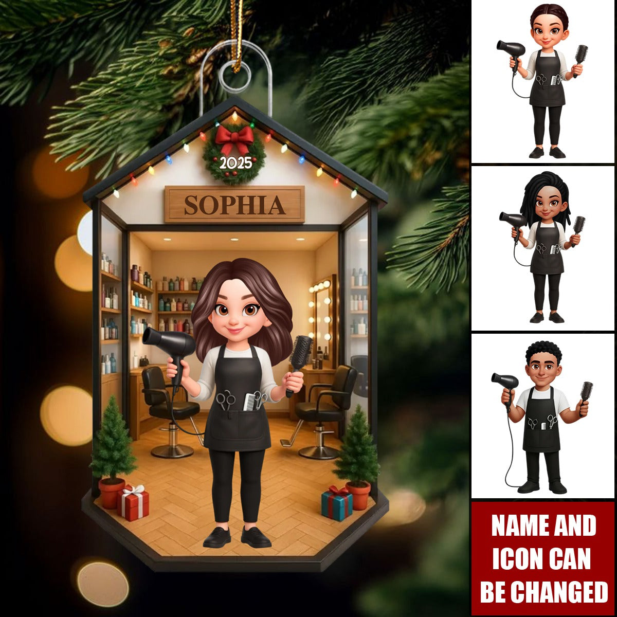 3D Effect Christmas Hair Salon Hairdresser Man Woman - Personalized Acrylic Ornament, Gift For Hairdressers