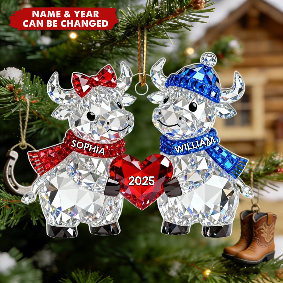 3D Crystal Effect Christmas Highland Cow Couple - Personalized Acrylic Ornament, Christmas Gift for Couple