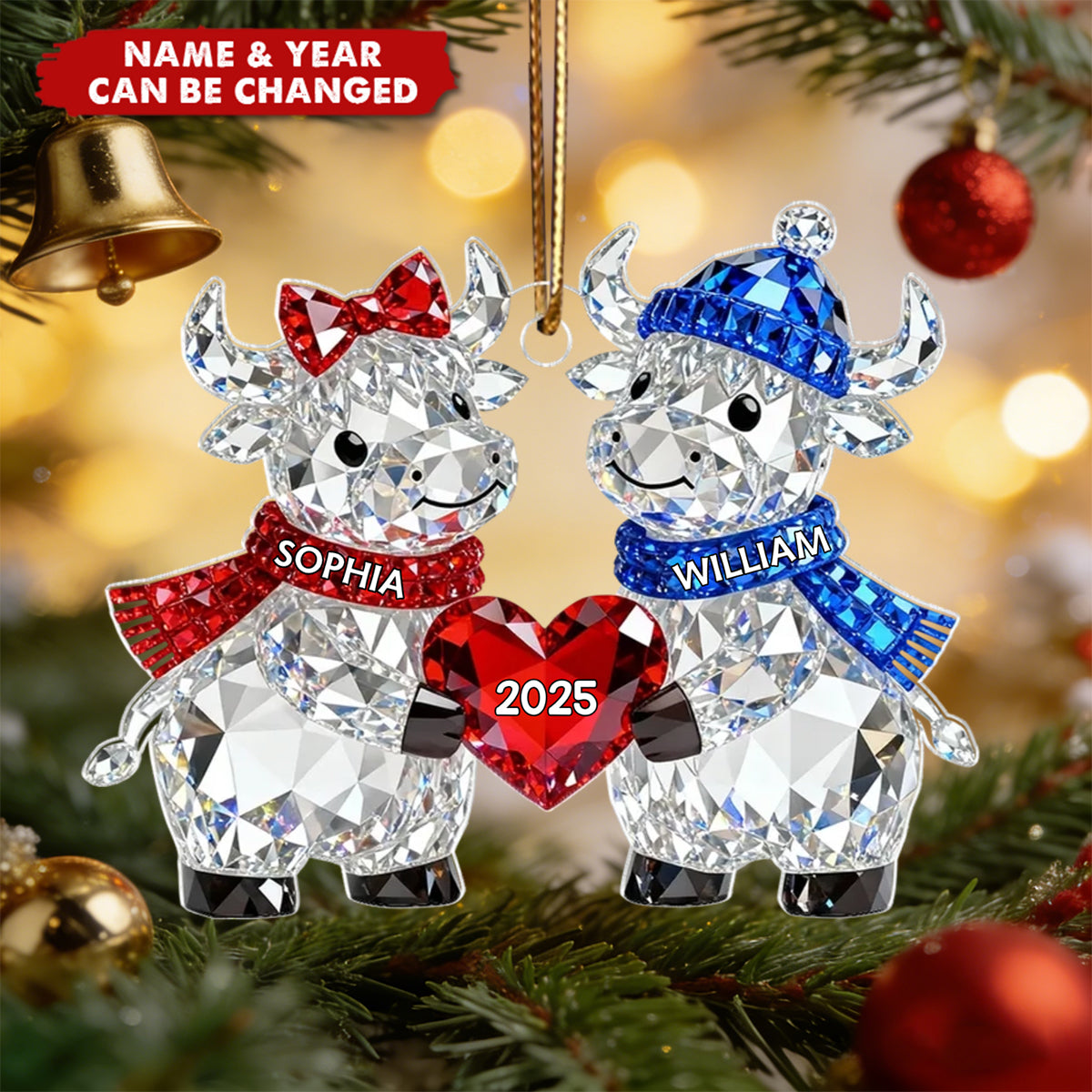 3D Crystal Effect Christmas Highland Cow Couple - Personalized Acrylic Ornament, Christmas Gift for Couple