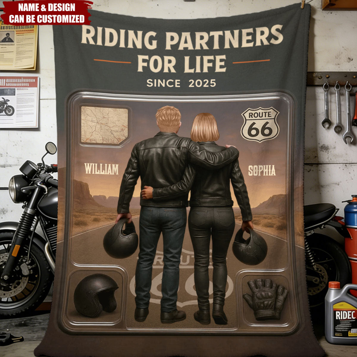 Custom Figure Couple Bikers Riding Partners For Life - Personalized blanket