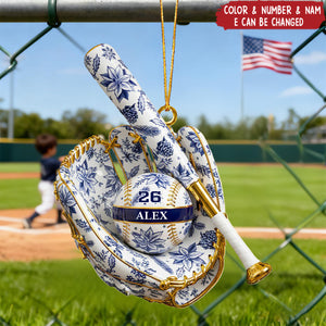 Baseball Toile de Jouy Christmas Acrylic Ornament - Personalized Gifts For Baseball Lovers