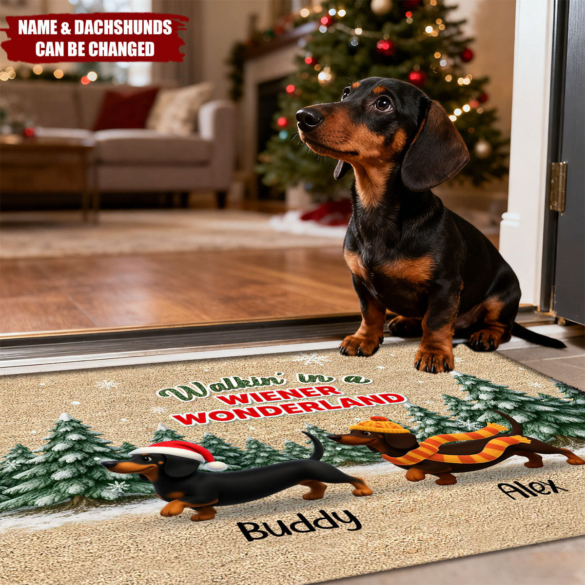 Dachshunds Walking In A Wiener Wonderland - Personalized Doormat - Unique Christmas Gift For Dachshunds Lovers
