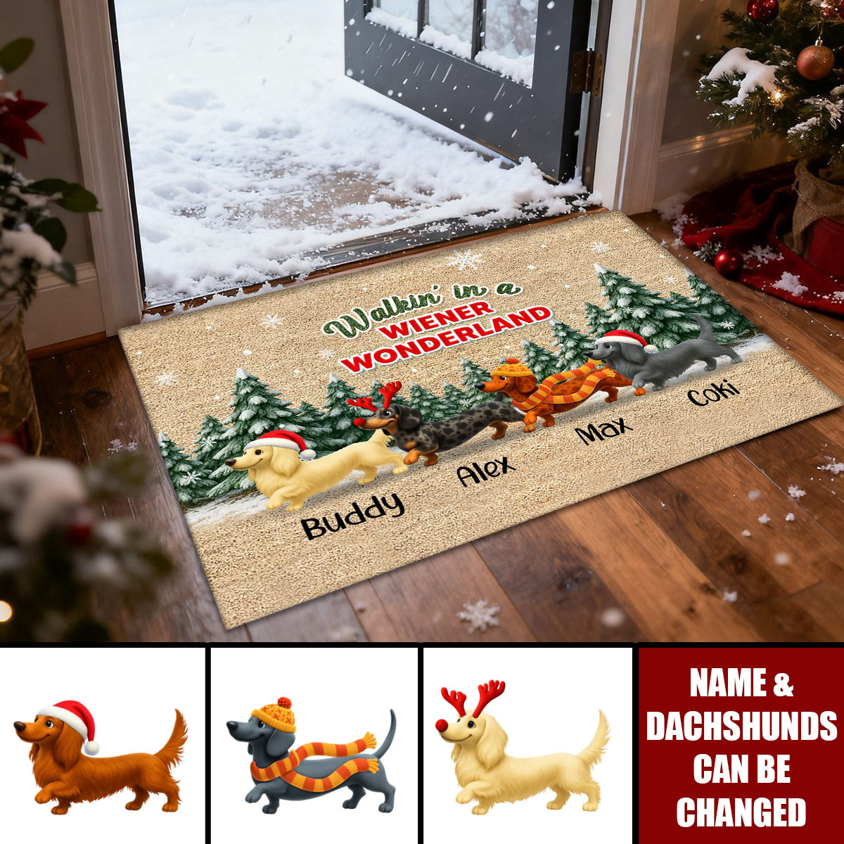 Dachshunds Walking In A Wiener Wonderland - Personalized Doormat - Unique Christmas Gift For Dachshunds Lovers
