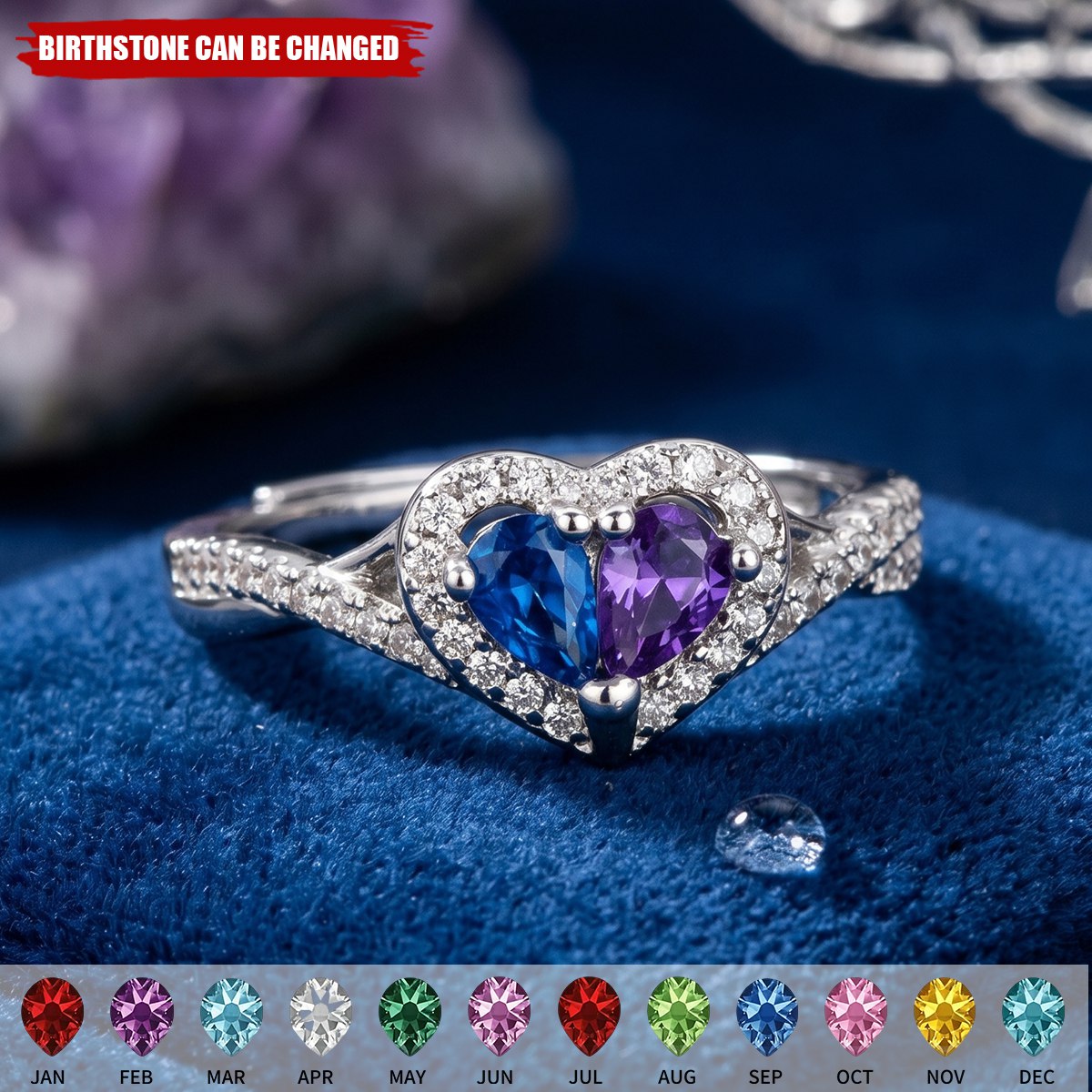 Personalized Mother Daughter Birthstone Ring, Heart Sapphire Ring, Mothers Day Gift for Mom, Family Love Jewelry