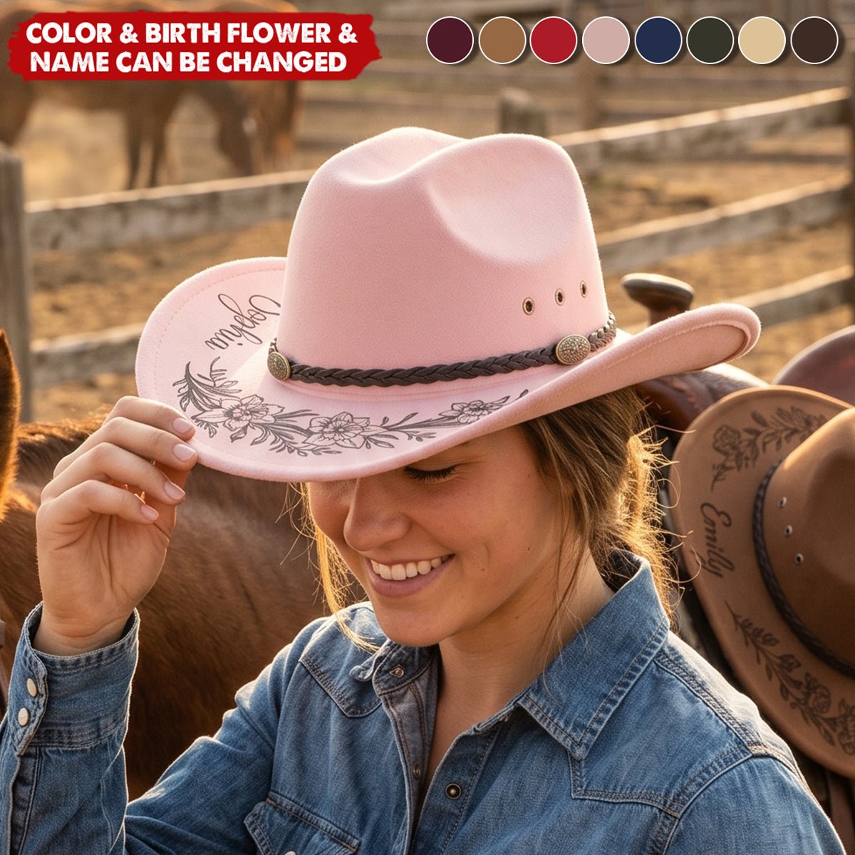 Custom Birth Flower & Name For Her, Cowgirls, Western Style - Personalized Cowboy Hat