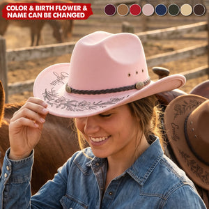 Custom Birth Flower & Name For Her, Cowgirls, Western Style - Personalized Cowboy Hat