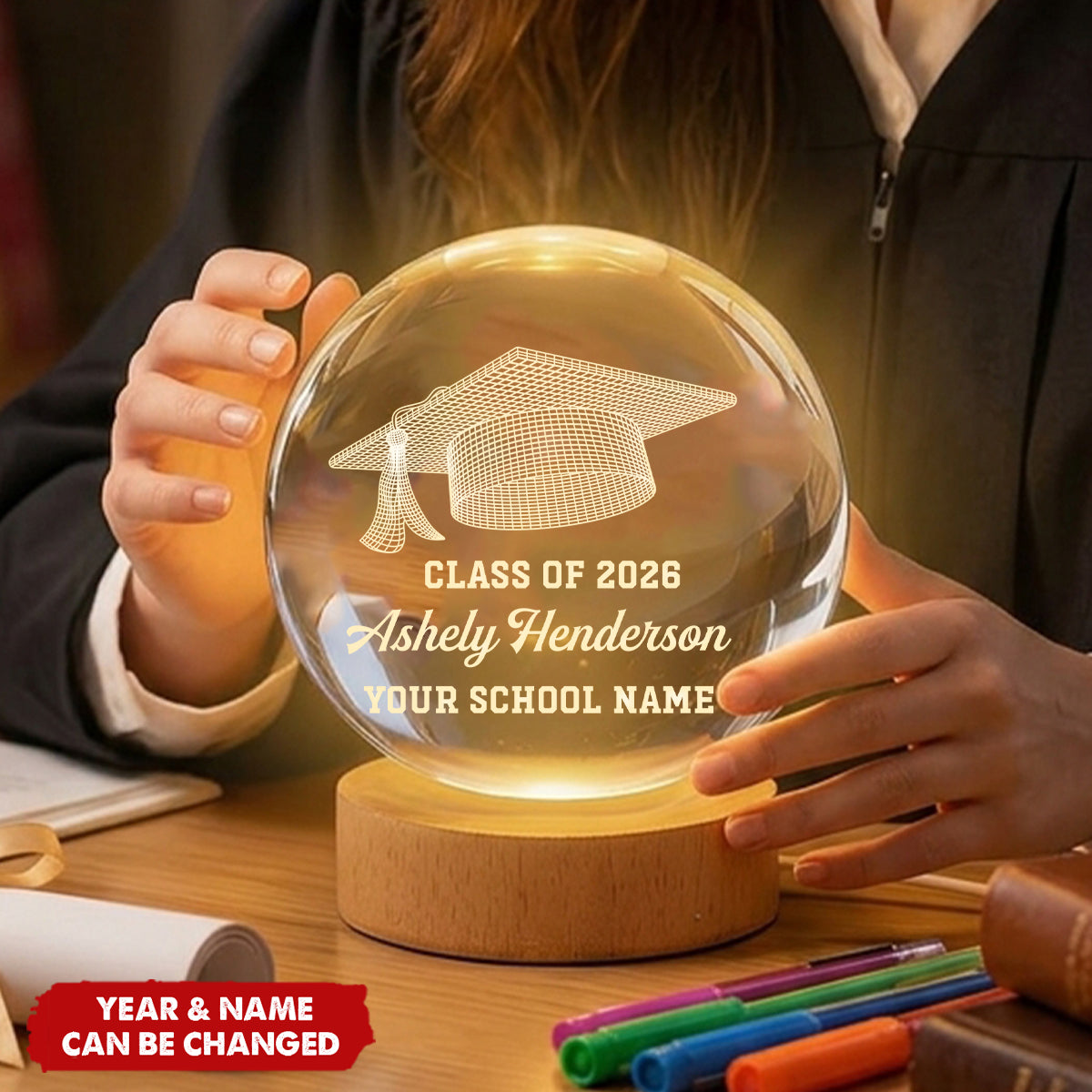 Class Of Graduation Senior Illusion Graduation Cap - Personalized Crystal Ball LED Night Light