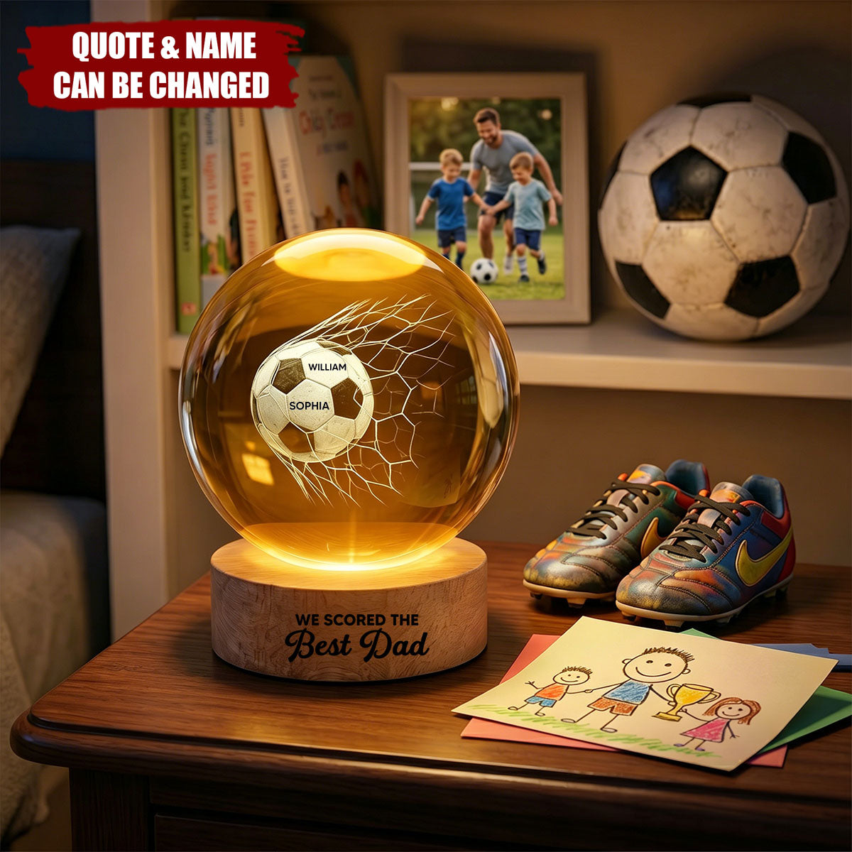 We Scored The Best Dad - Personalized Crystal Ball LED Night Light - Father's Day Gift For Soccer Dad