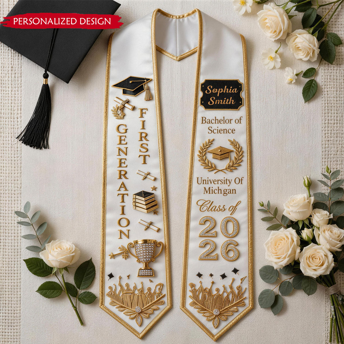 Personalized Graduation Gold Stoles, Class Of 2026 Stoles, Senior Gift, Student Sash