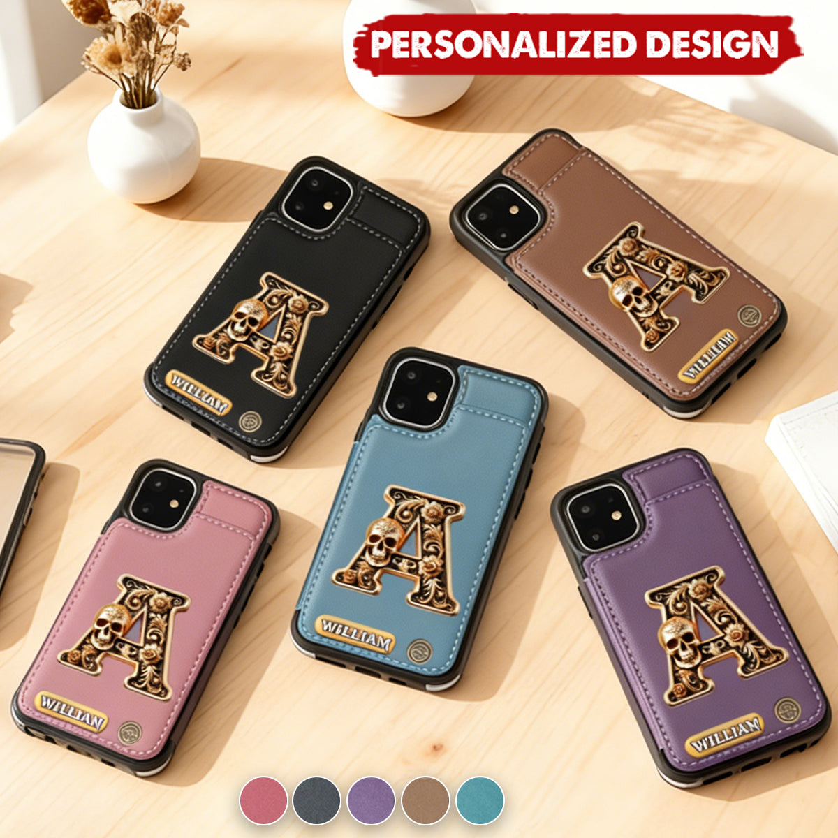 Skull Name Initial Letter - Personalized Skull Printed Wallet Phone Case