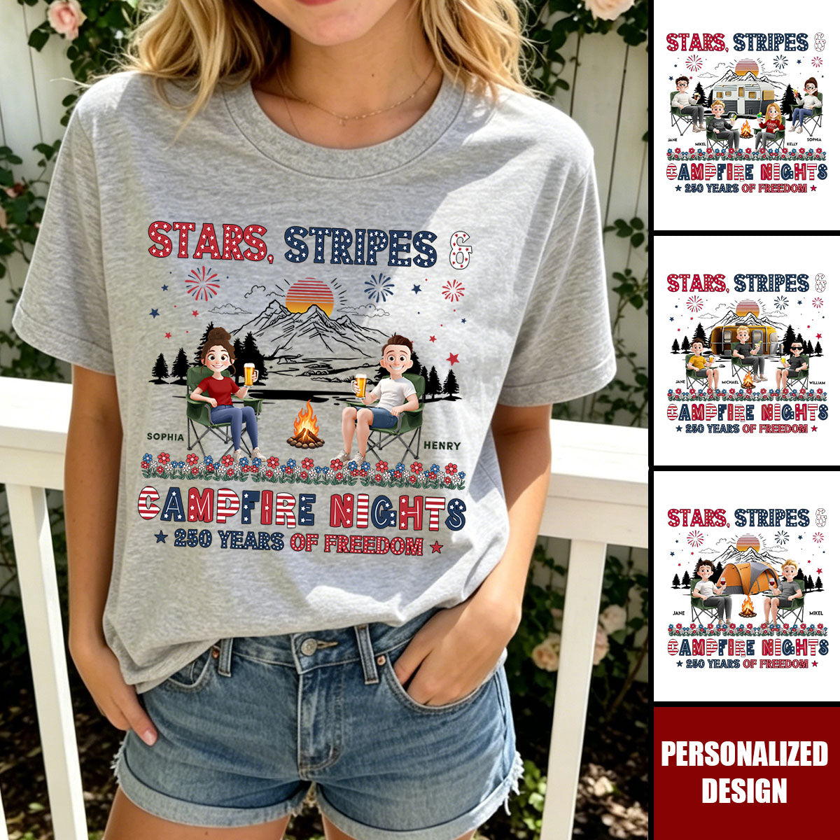 Stars Stripes & Campfire Nights 250 Years Of Freedom - Personalized Camping Crew Shirt