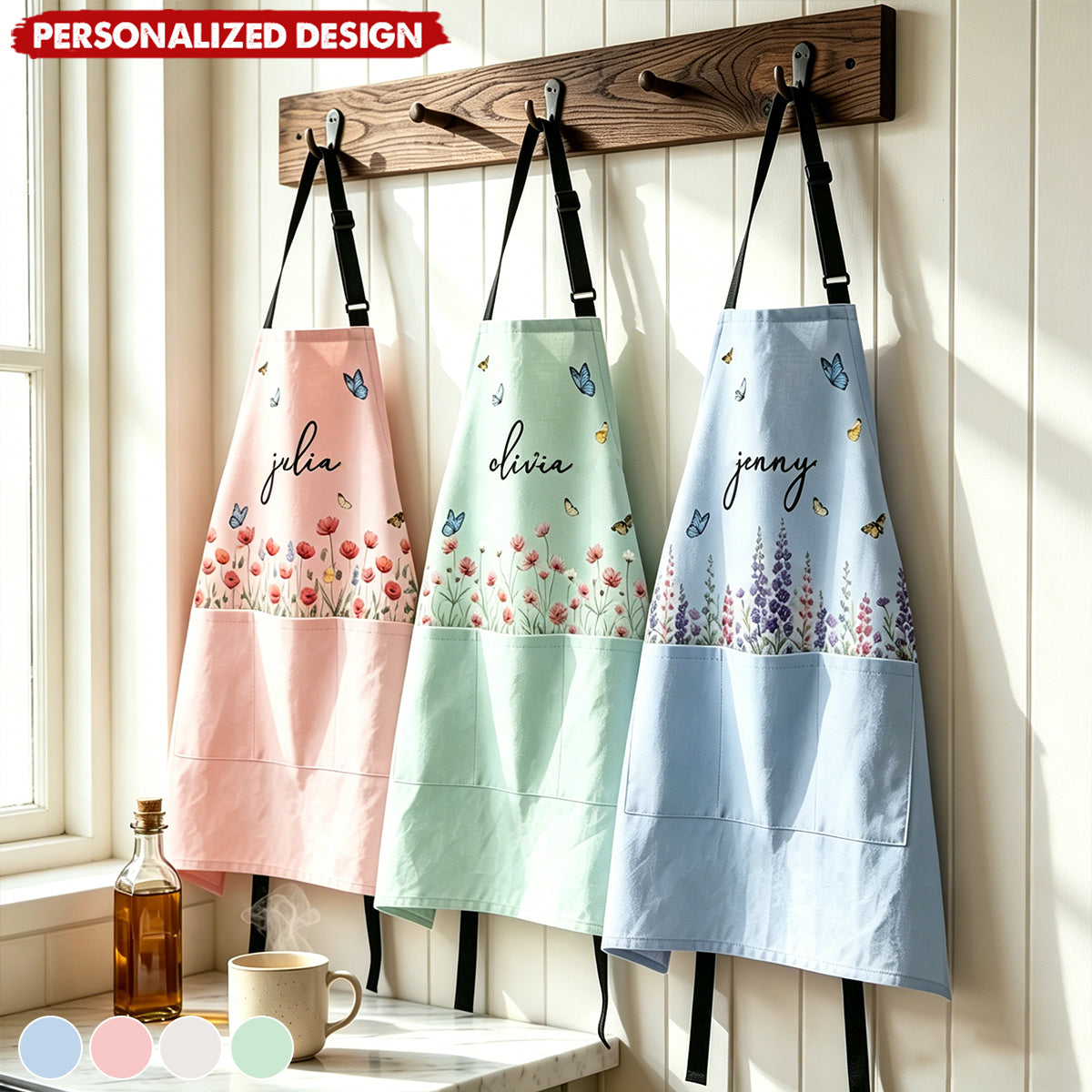 Unique Custom Birth Flower & Name Floral Keepsake Gifts For Her, Family Ladies, Mom, Grandma - Personalized Apron