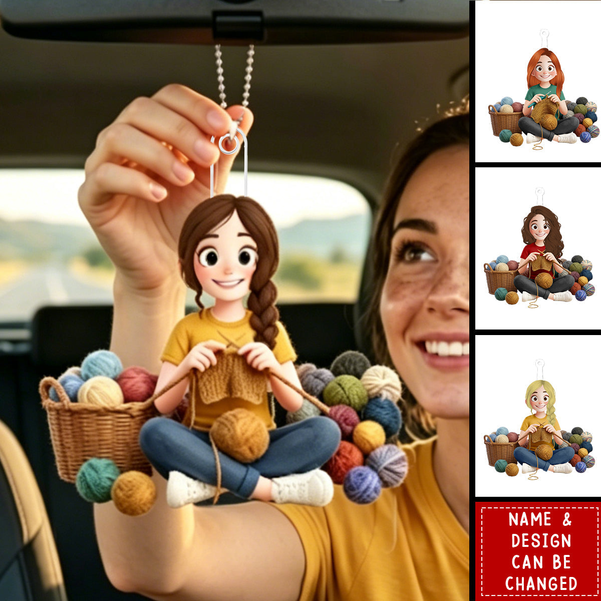 Personalized Acrylic Car Ornament - Cartoon Crochet Knitting Girl Hobby Keepsake