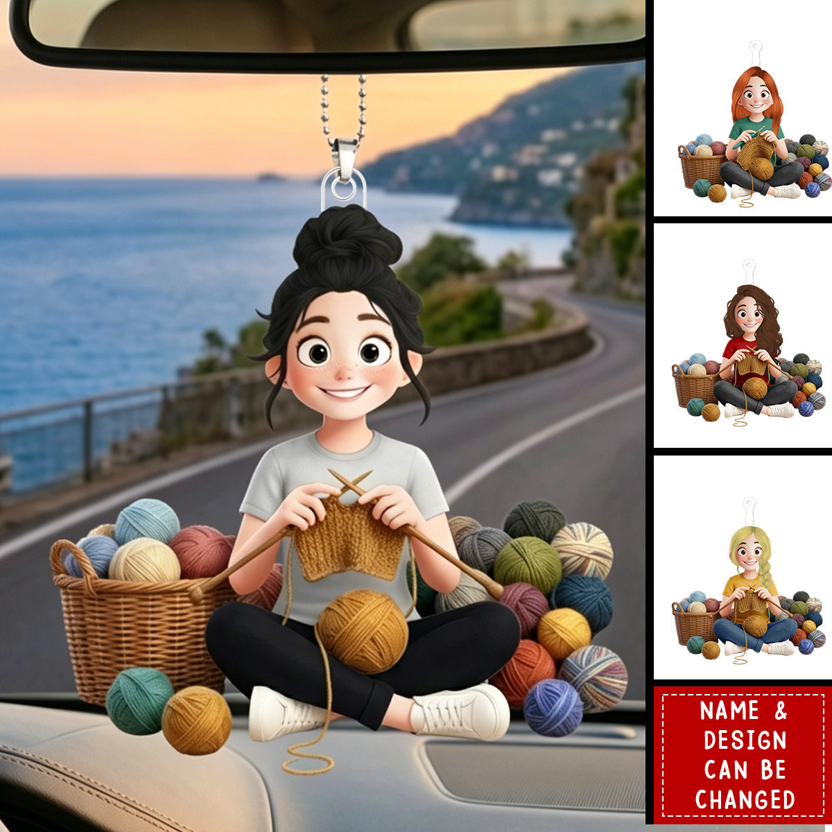Personalized Acrylic Car Ornament - Cartoon Crochet Knitting Girl Hobby Keepsake