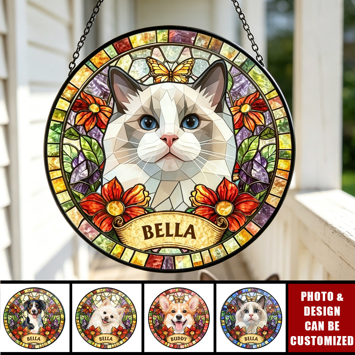 Custom Upload Pet Photo Stained Glass Portrait Decor Gift For Pet Lovers - Personalized Window Hanging Suncatcher