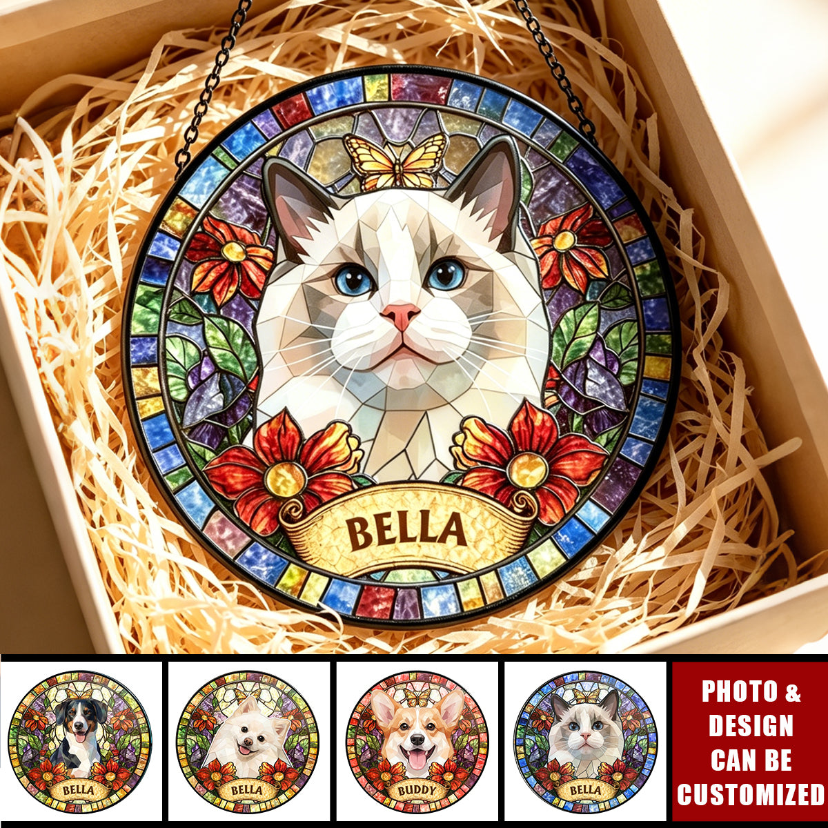Custom Upload Pet Photo Stained Glass Portrait Decor Gift For Pet Lovers - Personalized Window Hanging Suncatcher