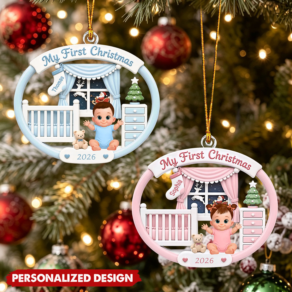 Cute Pink Blue Boy Girl Newborn 1st Christmas Custom Souvenir Holiday Gift - Personalized Acrylic Ornament